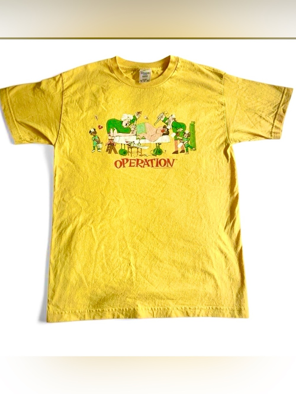 Y2K Graphic T-Shirt - Operation Board Game Graphic Tee - Yellow Short Sleeve Tee